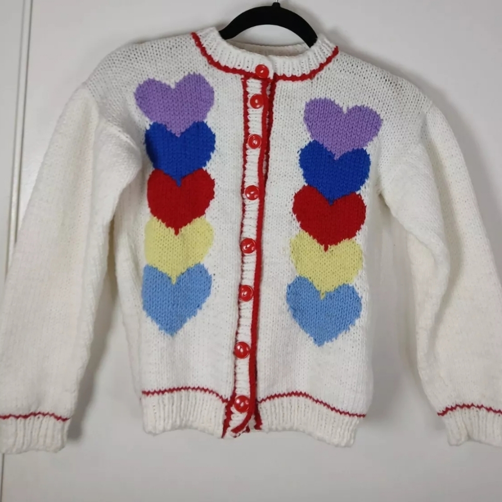 Vintage Handmade‎ Girls' Knit Cardigan Sweater with Heart Design Valentine's Day